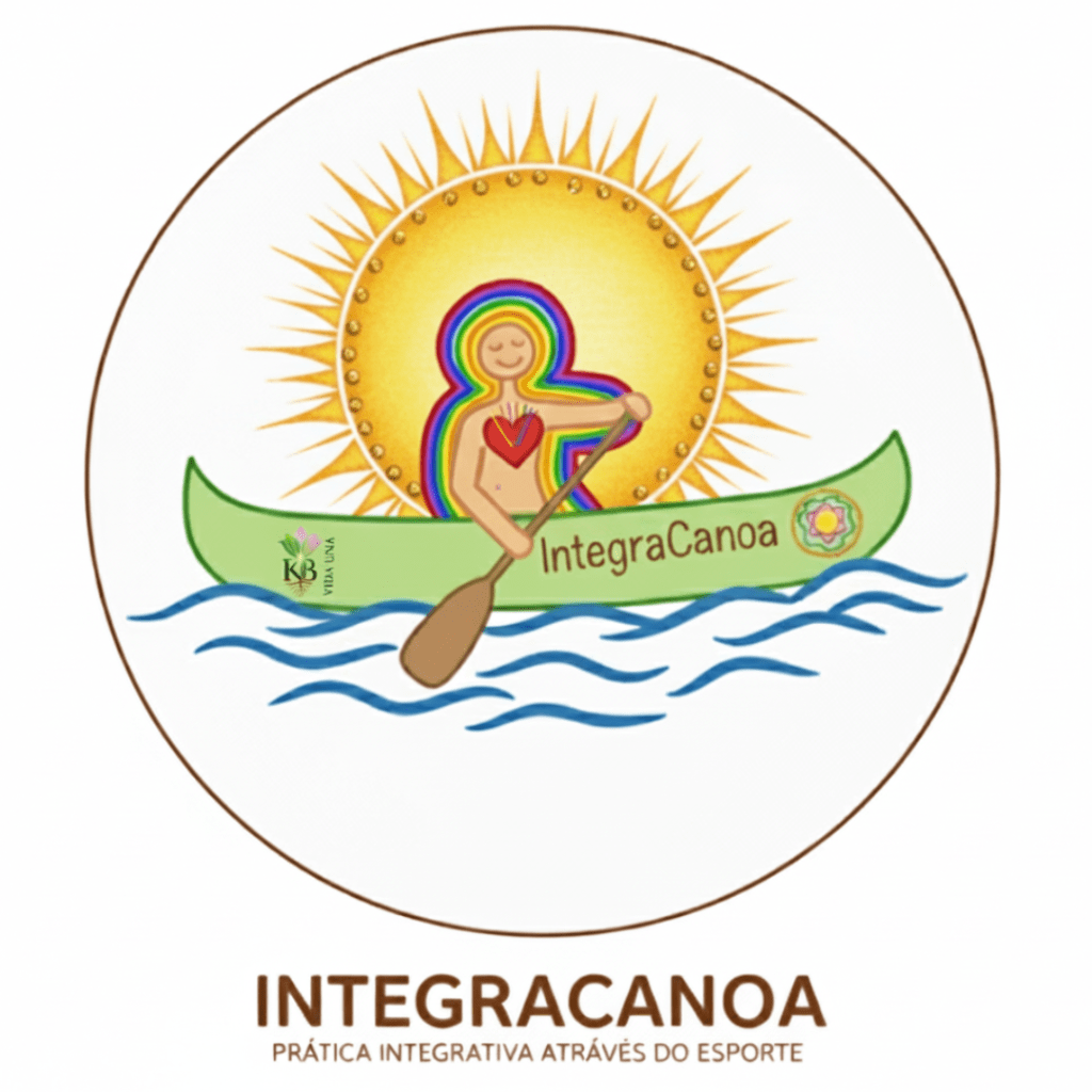 Logomarca do IntegraCanoa: Ser Integral remando sob o Sol (Fonte), com energia do Arco-Íris. Representa a Unidade, a Cura e a Tecnologia da Alma