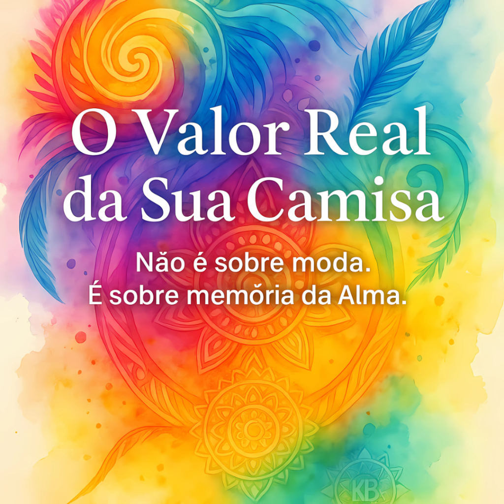 Arte vibracional com o título “O Valor Real da Sua Camisa”, revelando a medicina espiritual impressa como expressão da memória da Alma