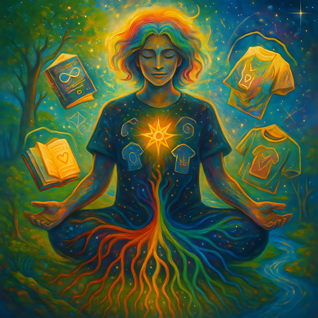 Ilustração vibracional representando o ancoramento do Ser na Terra através das mensagens codificadas nos livros e camisetas da Alma Desperta.