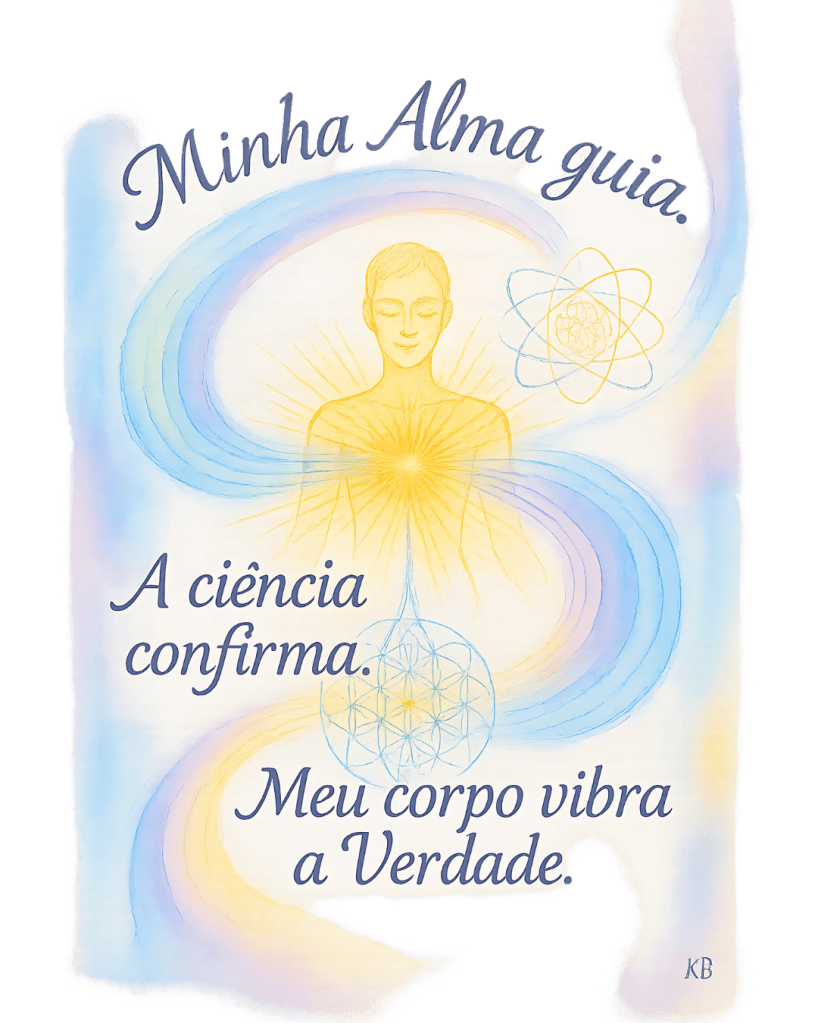 Ilustração em aquarela digital de uma mulher em paz vibracional, com o campo sutil ao redor iluminado por símbolos científicos e espirituais, representando a integração entre Alma, ciência e corpo.