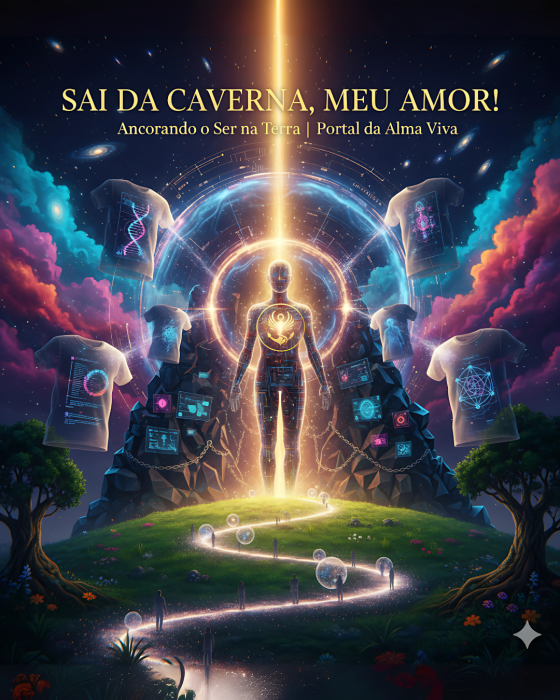 Arte espiritual com ser iluminado saindo da caverna para a luz cósmica, rodeado por camisetas vibracionais e caminho de energia — convite ao despertar da Alma Viva.”
