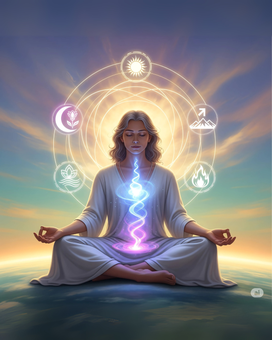 Pessoa sentada em posição de meditação com espiral de luz rosa e azul saindo do coração, representando a integração do feminino e masculino sagrado.