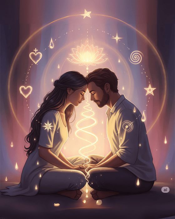 Casal em abraço íntimo, com luz dourada subindo da base da coluna até o topo da cabeça, rodeado por uma espiral energética com símbolos como coração, flor de lótus e espiral sagrada.