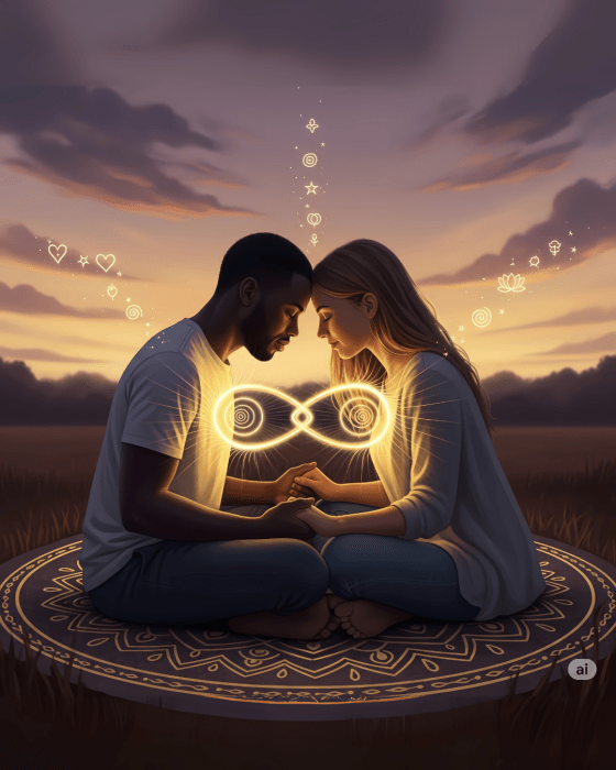 Casal de olhos fechados conectado por luz dourada entre os corações, sentados em mandala ao pôr do sol.