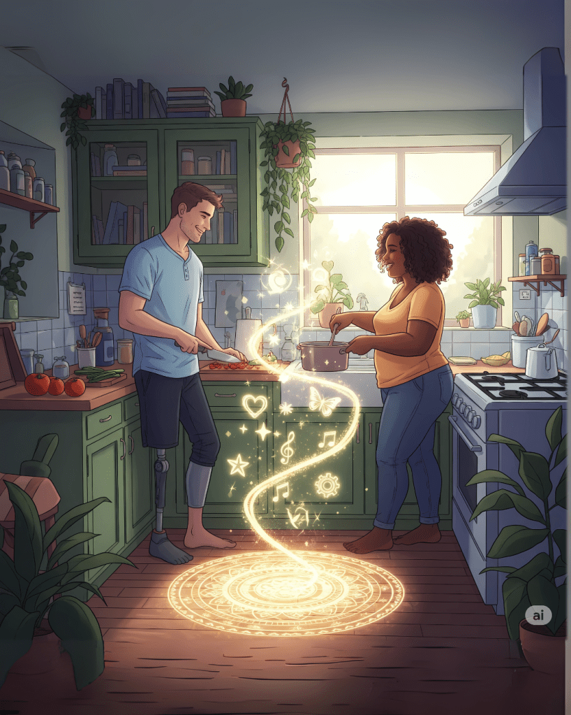 Casal sorridente vivendo a rotina juntos com leveza e brilho no olhar, irradiando amor e propósito em ações simples do dia a dia.