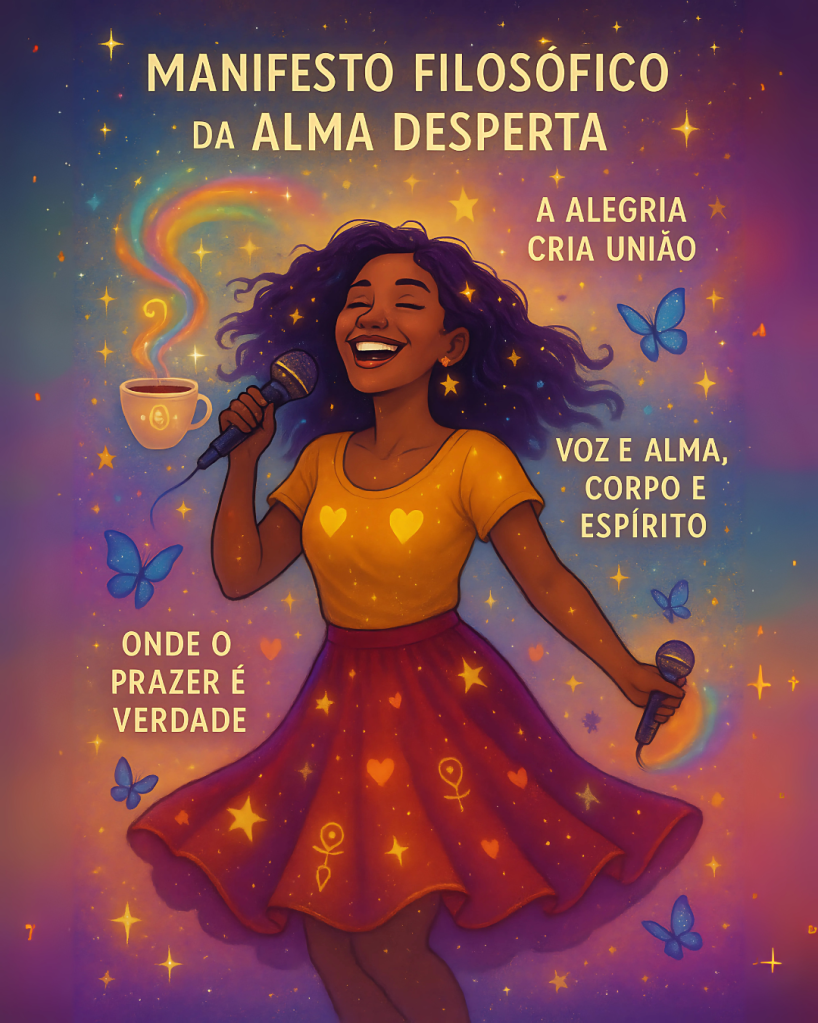 Ilustração espiritualista com mulher alegre em saia rodada cósmica, segurando microfone quântico e café filosófico, em cenário etéreo com emojis, planetas sorridentes e símbolos de sabedoria flutuantes. Representa o manifesto filosófico da alma desperta com leveza e bom humor.
