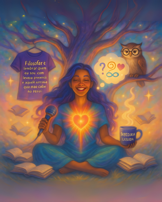 Ilustração vibrante de mulher sorridente sentada sob árvore cósmica, rodeada por livros abertos e símbolos filosóficos, com coração brilhante no peito e coruja sábia ao fundo. Tons suaves do arco-íris e dourado.