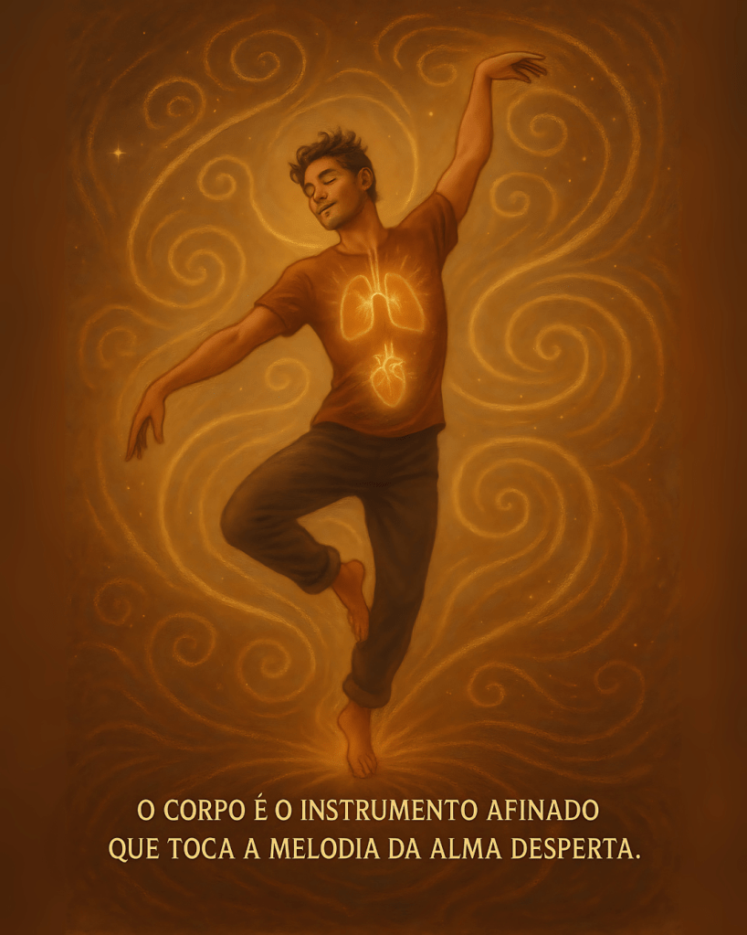 Homem dançando livremente com olhos fechados, cercado por energia em espiral e símbolos sutis de órgãos brilhantes, representando a sabedoria do corpo.