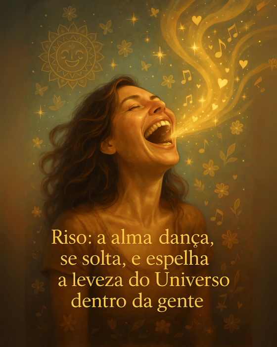 Mulher gargalhando com energia dourada saindo da boca, rodeada por mandalas, emojis de risada e símbolos espirituais.