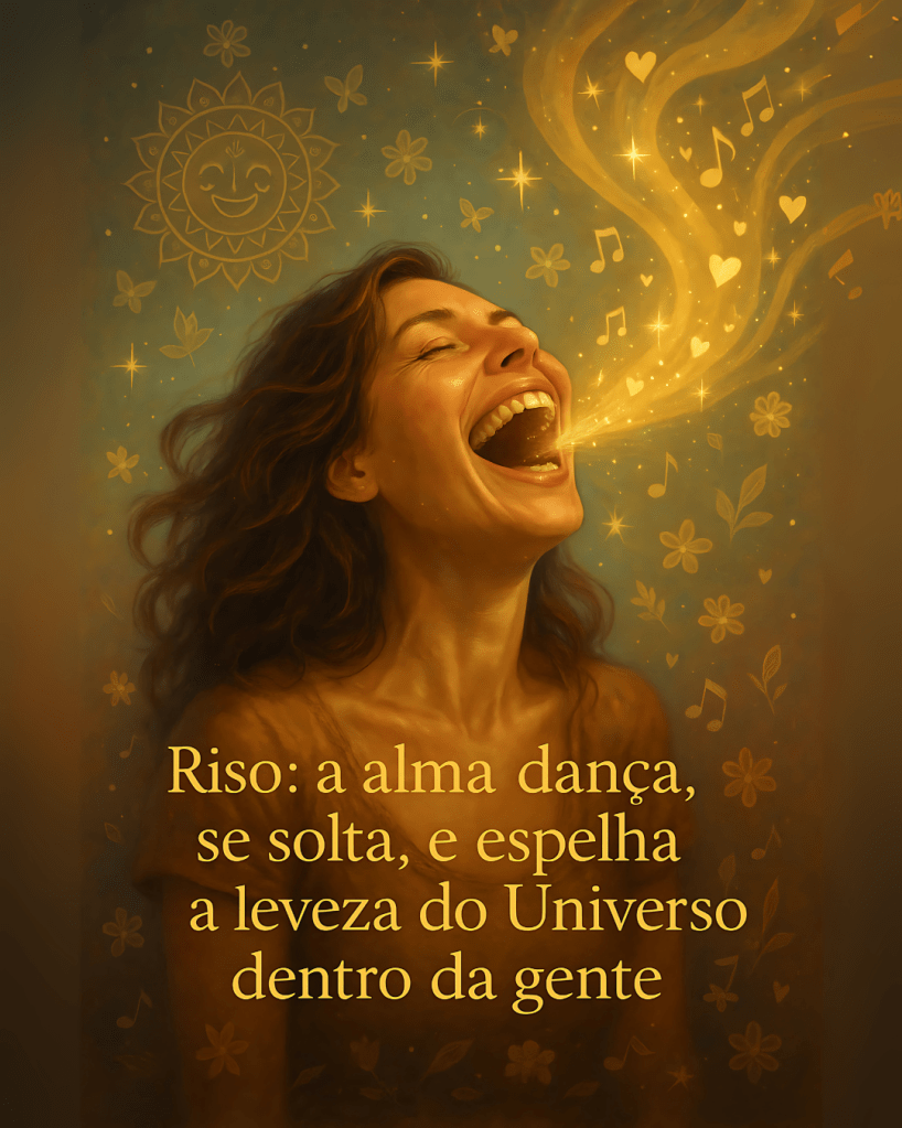 Mulher gargalhando com energia dourada saindo da boca, rodeada por mandalas, emojis de risada e símbolos espirituais.
