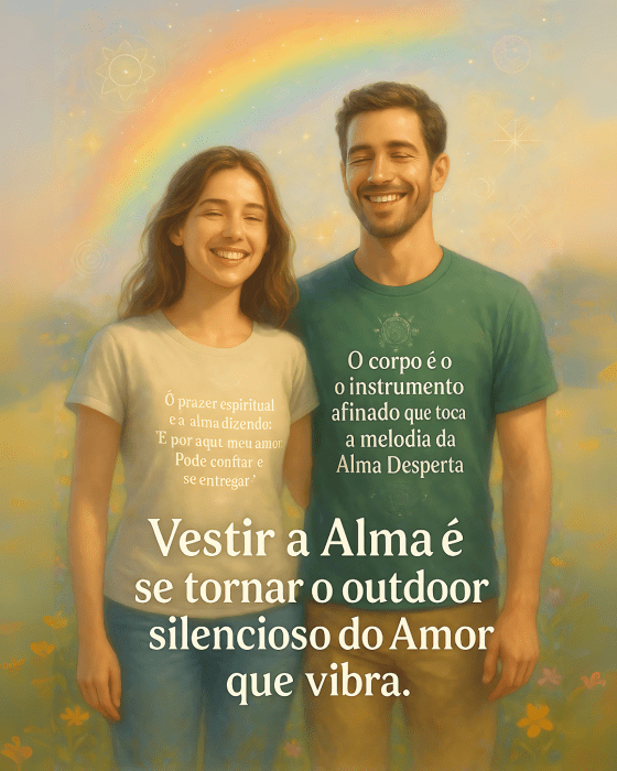 Homem e mulher sorrindo com leveza usando camisetas com frases espirituais, rodeados por brilhos e elementos sutis de luz e sabedoria.