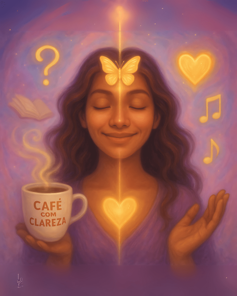 Imagem de mulher meditativa com fio dourado ligando cabeça ao coração, símbolos espirituais flutuantes e fundo etéreo em tons suaves, representando pensamento guiado pela Alma.