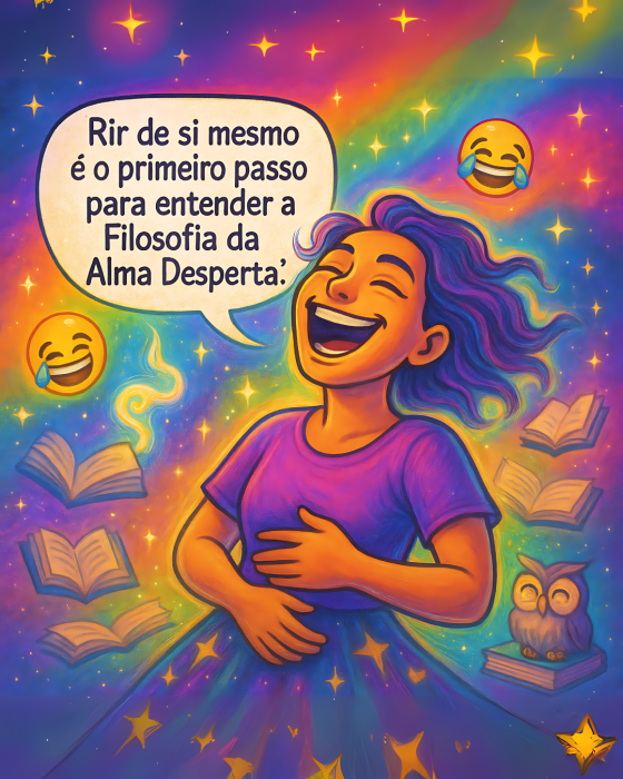 Imagem vibrante de pessoa rindo de olhos fechados, rodeada por símbolos de risada e livros, representando o bom humor como parte essencial da filosofia da Alma Desperta.