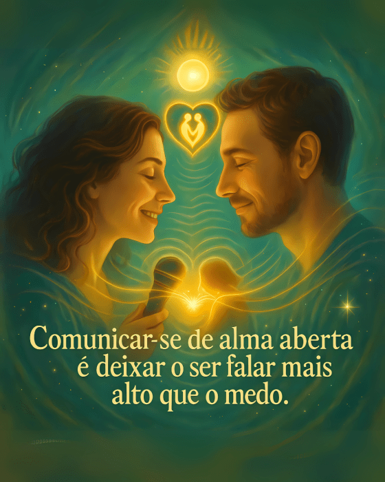 Ilustração de homem e mulher conectados por linha luminosa entre corações, com fundo em tons verdes e dourados, simbolizando comunicação integrada e presença espiritual.