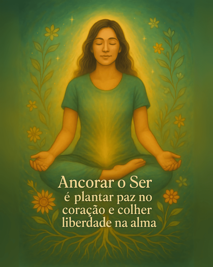 Ilustração de mulher serena sentada em posição meditativa, cercada por raízes e flores, emanando luz dourada, simbolizando o ancoramento do ser e a paz interior.