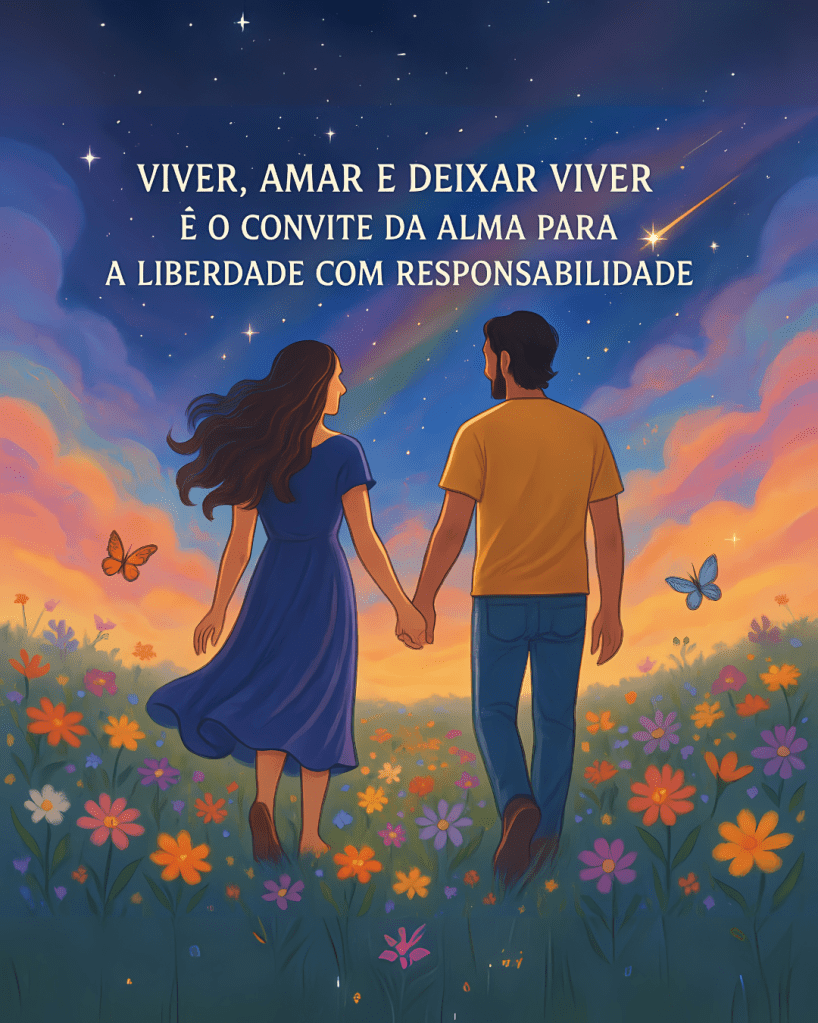 Ilustração de um casal caminhando de mãos dadas por um campo florido sob um céu estrelado, rodeados por estrelas cadentes, borboletas e brilho etéreo em tons de arco-íris e dourado. Representa o projeto filosófico de viver, amar e deixar viver com sabedoria da Alma.