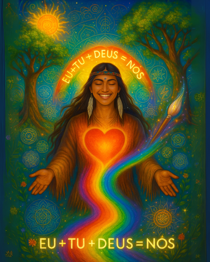 Ilustração espiritual vibracional de uma mulher sorrindo com o coração irradiando luz arco-íris, entre árvores e símbolos sagrados, com a frase “EU + TU + DEUS = NÓS” representando a Aliança Espiritual da Vida Una.

