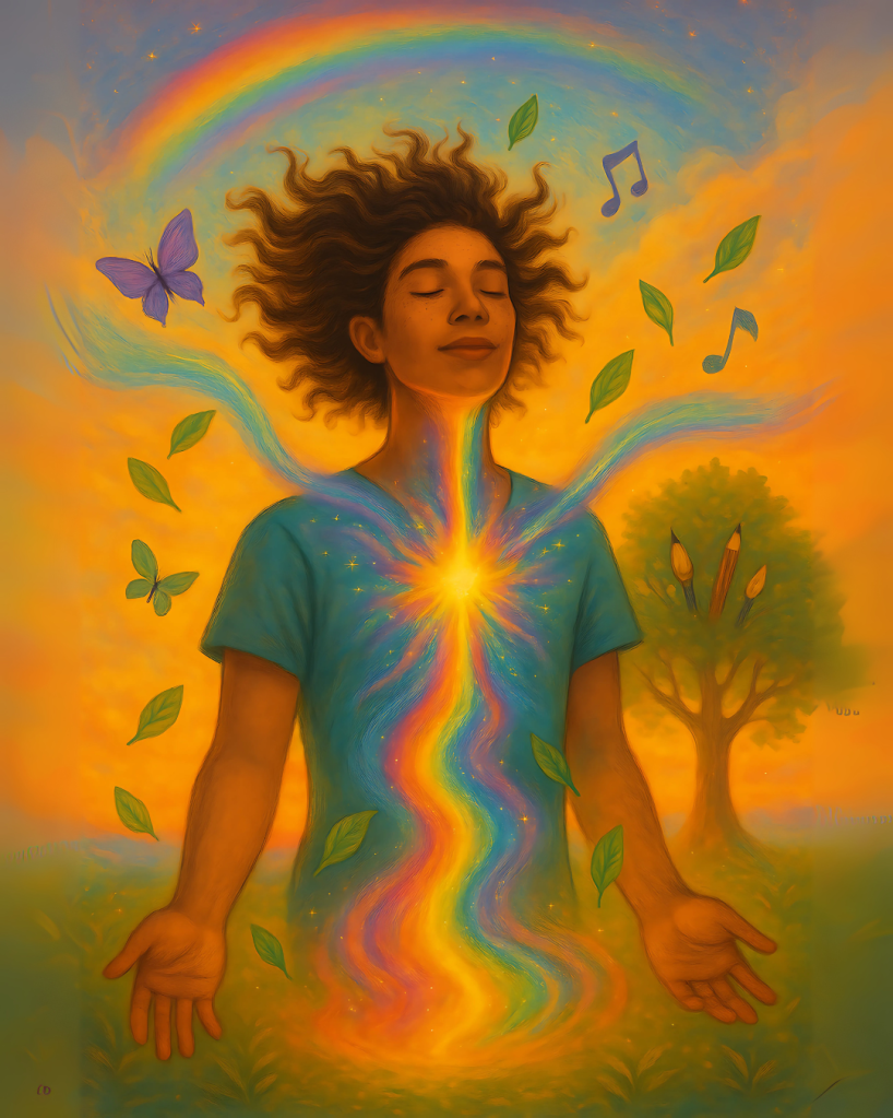 Homem negro sorrindo com os olhos fechados, sentado em posição de meditação, com fios de luz multicoloridos saindo do seu coração e se transformando em símbolos criativos: uma caneta, uma planta crescendo, notas musicais e engrenagens. Ao fundo, uma paisagem etérea com formas geométricas sagradas e energia pulsante de criação divina.