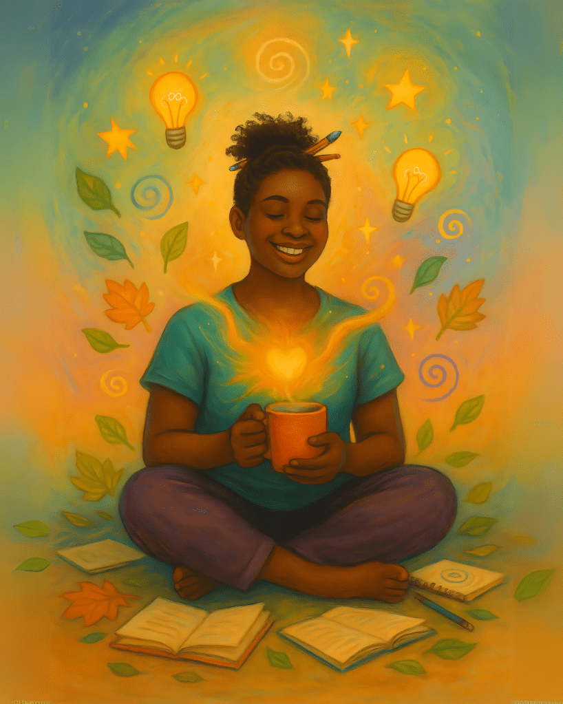 Pessoa negra sorridente, sentada no chão com uma caneca de chá nas mãos, rodeada por folhas, cadernos e símbolos flutuantes como lâmpadas e estrelas. O cabelo está preso com lápis e caneta, e um brilho irradia do peito, representando o pulsar criativo da Alma. A cena tem estilo etéreo, leve e propositalmente bagunçado, refletindo o fluxo espontâneo da criação.