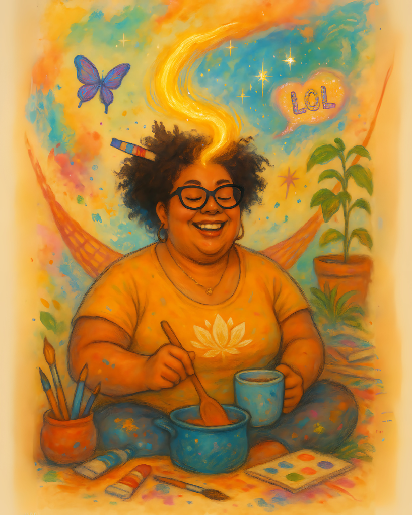 Pessoa real, gordinha e sorridente, cercada de tintas, memes e plantas, com um fio de luz saindo da cabeça e se transformando em símbolos criativos.