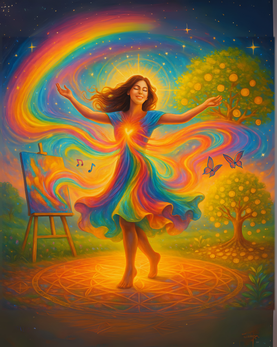 "Ilustração espiritual e colorida de uma mulher dançando com alegria, vestida com um vestido de arco-íris que se expande em formas energéticas, conectando corpo e Alma. Ao fundo, uma tela com pintura vibrante, notas musicais, borboletas e árvores frutíferas. A imagem simboliza a criatividade espontânea como expressão sagrada da jornada da Alma."