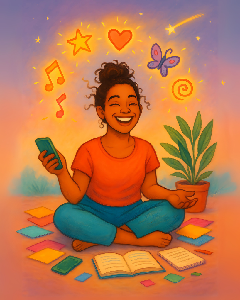 Pessoa com olhos brilhando, cercada por símbolos como laptop, estrela, borboleta, coração e notas musicais, com expressão de leveza e alegria.