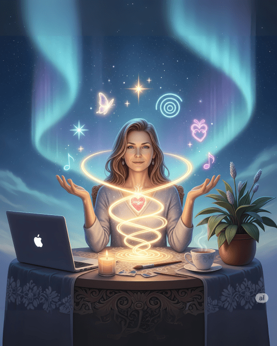 Pessoa com expressão de encantamento, rodeada de símbolos de luz e criação, como se estivesse canalizando um milagre através do seu trabalho.