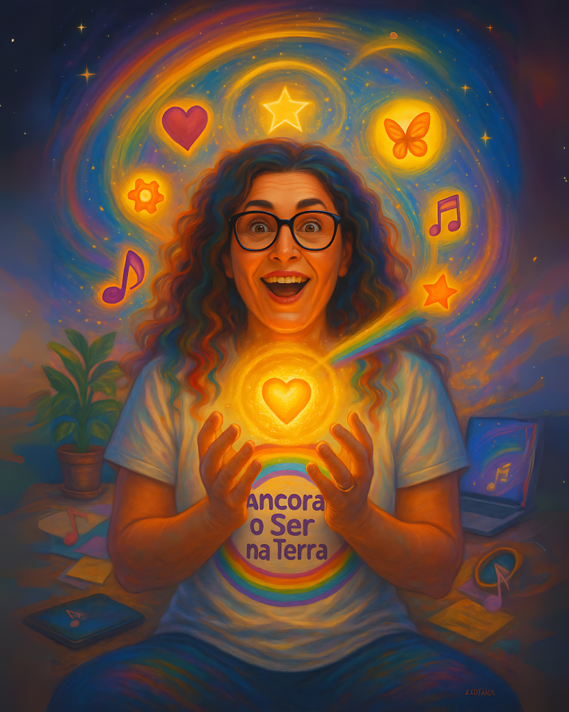 Pessoa com expressão surpresa e alegre segurando uma ideia brilhante nas mãos, com símbolos de propósito girando ao redor em luz dourada.