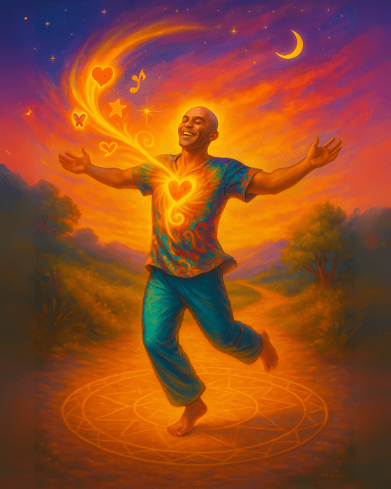 Pessoa dançando em meio a luzes, com símbolos de coragem e prazer saindo do coração em espiral.