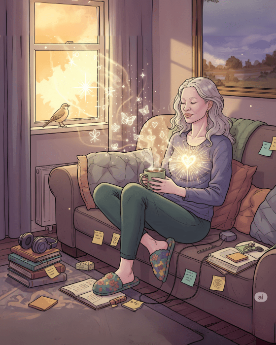 Mulher sentada em casa com pantufas, luz saindo do coração e símbolos de propósito flutuando no ar ao redor.