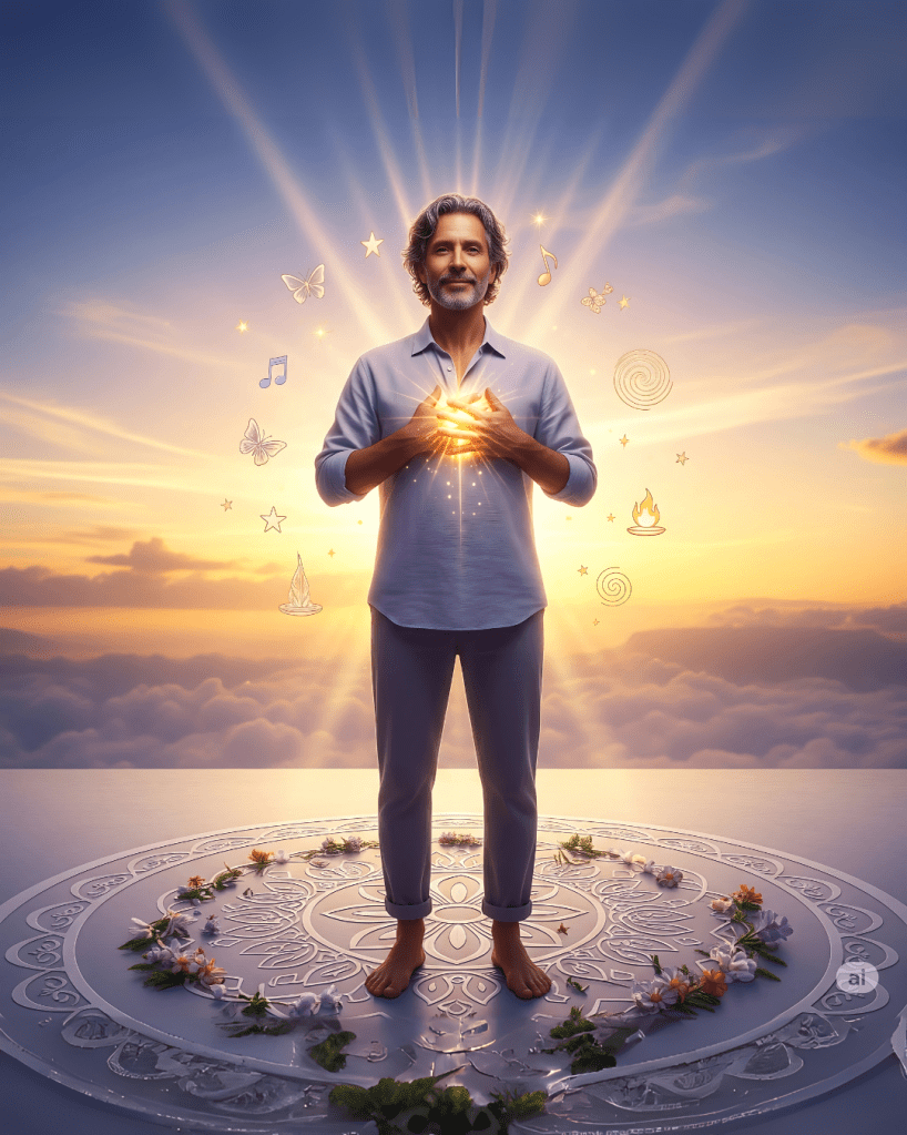 Pessoa sorridente com as mãos no coração, envolvida por símbolos de luz, como se estivesse oferecendo sua criação ao universo com amor.
