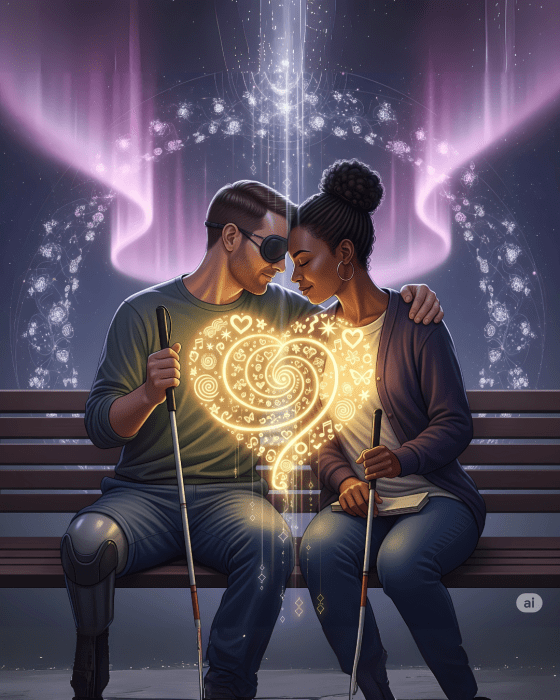 Casal com deficiência física trocando olhares e carinho em meio a uma espiral de luz dourada, representando cura e amor além das limitações físicas.