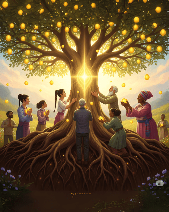 Árvore frondosa com raízes expostas e frutos dourados caindo, em meio a um campo fértil com pessoas diversas se conectando à árvore em gestos de reverência, colheita e comunhão. A luz dourada simboliza a união entre prosperidade espiritual e material.