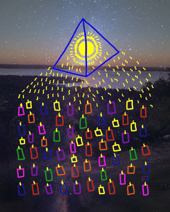 Imagem canalizada com fundo de céu estrelado e aurora, onde uma pirâmide azul emana luz dourada do centro solar. Da pirâmide descem traços dourados como códigos de luz, tocando dezenas de velas acesas em diferentes cores — representando Almas únicas com seus Dons ativados, irradiando cura e expansão. A imagem simboliza a multiplicação de cura através do Dom da Alma, em unidade entre céu e terra.