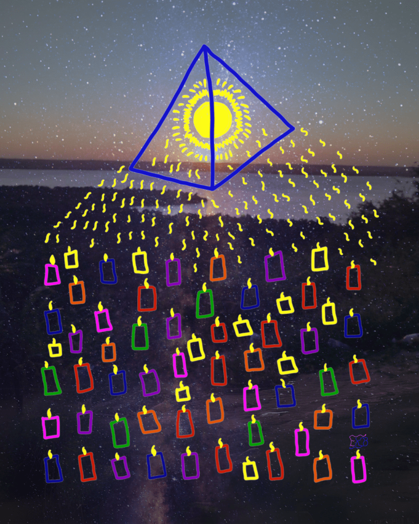 Imagem canalizada com fundo de céu estrelado e aurora, onde uma pirâmide azul emana luz dourada do centro solar. Da pirâmide descem traços dourados como códigos de luz, tocando dezenas de velas acesas em diferentes cores — representando Almas únicas com seus Dons ativados, irradiando cura e expansão. A imagem simboliza a multiplicação de cura através do Dom da Alma, em unidade entre céu e terra.