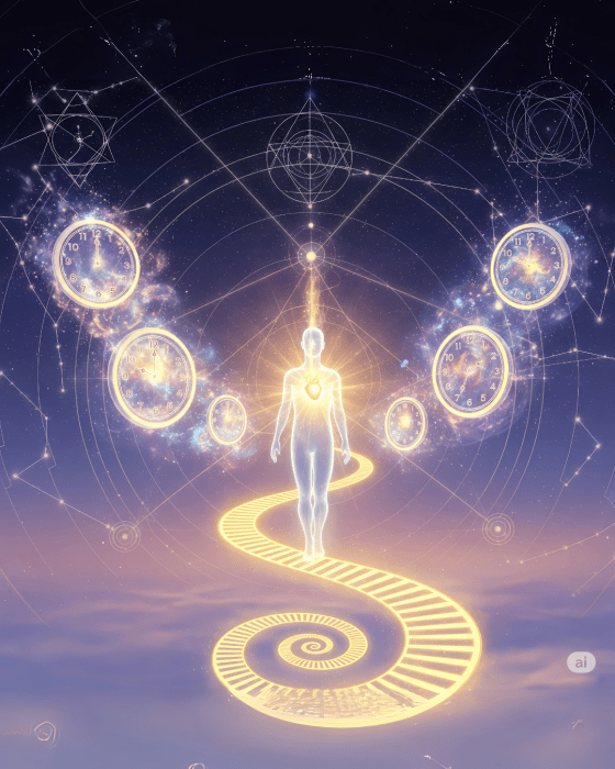 Figura luminosa caminhando sobre uma espiral dourada flutuante em um céu estrelado, com luz irradiando do coração. Relógios simbólicos e constelações vibram em harmonia ao redor, representando o alinhamento entre o tempo da Alma e as leis do Universo.