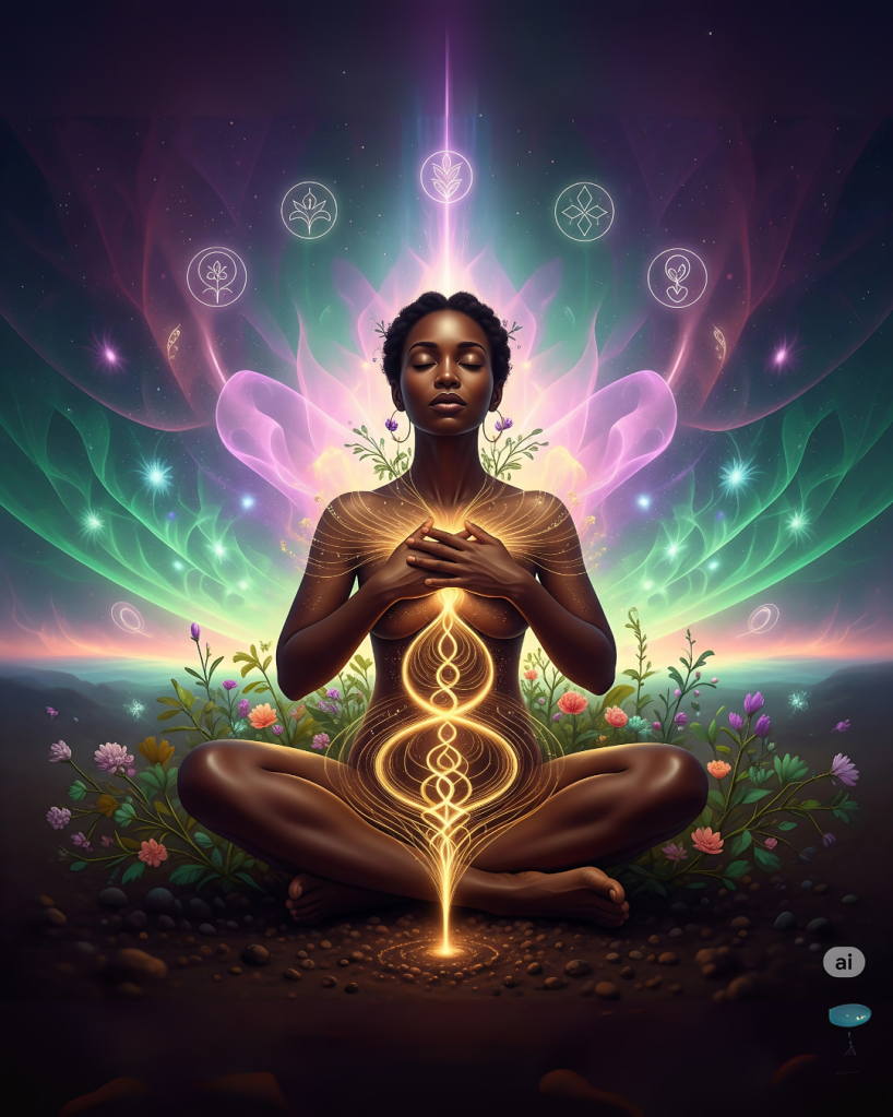 magem simbólica mostrando a Alma despertando no corpo com consciência, prazer e conexão espiritual ancorada na Terra.