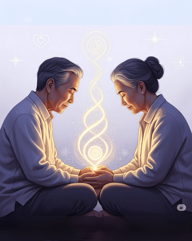 Casal asiático idoso, homem e mulher, sentados frente a frente com as testas unidas e olhos fechados, envolvidos por uma espiral de luz dourada que parte do coração. Ao redor, brilham partículas luminosas e símbolos sutis como estrela, coração e espiral, transmitindo uma atmosfera serena, espiritual e de conexão energética profunda.