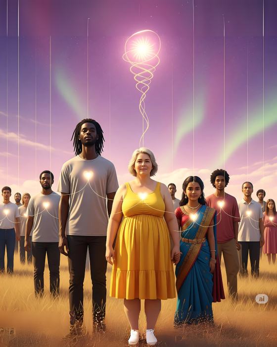 Multidão diversa em um campo aberto, com pessoas de diferentes idades, cores e estilos, conectadas por fios dourados que saem do coração e sobem ao céu formando uma espiral luminosa. Ao fundo, o céu é preenchido por fractais lilás e uma aurora suave, transmitindo sensação de pertencimento, unidade e liberdade interior. Se quiser, posso converter isso também no padrão do seu site