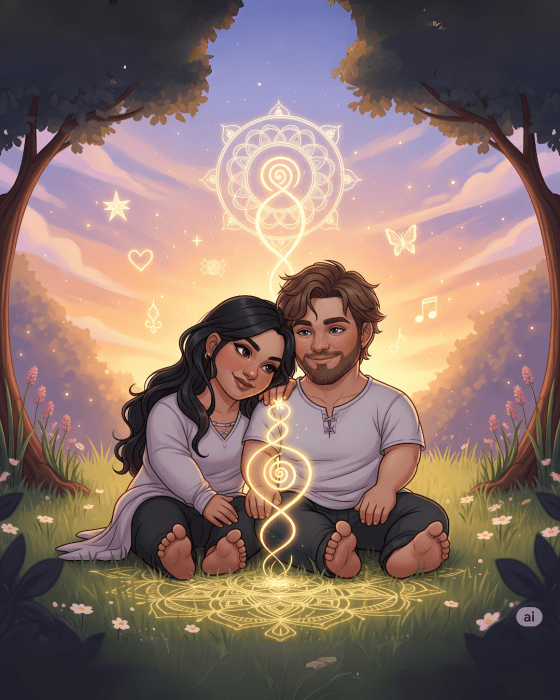 Casal com nanismo sentados abraçados em um jardim etéreo, cercados de luz dourada e símbolos de amor e espiritualidade flutuando ao redor.