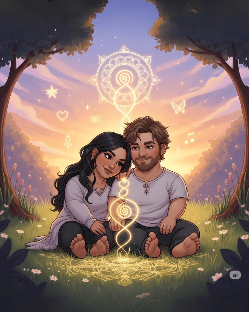 Casal com nanismo sentados abraçados em um jardim etéreo, cercados de luz dourada e símbolos de amor e espiritualidade flutuando ao redor.