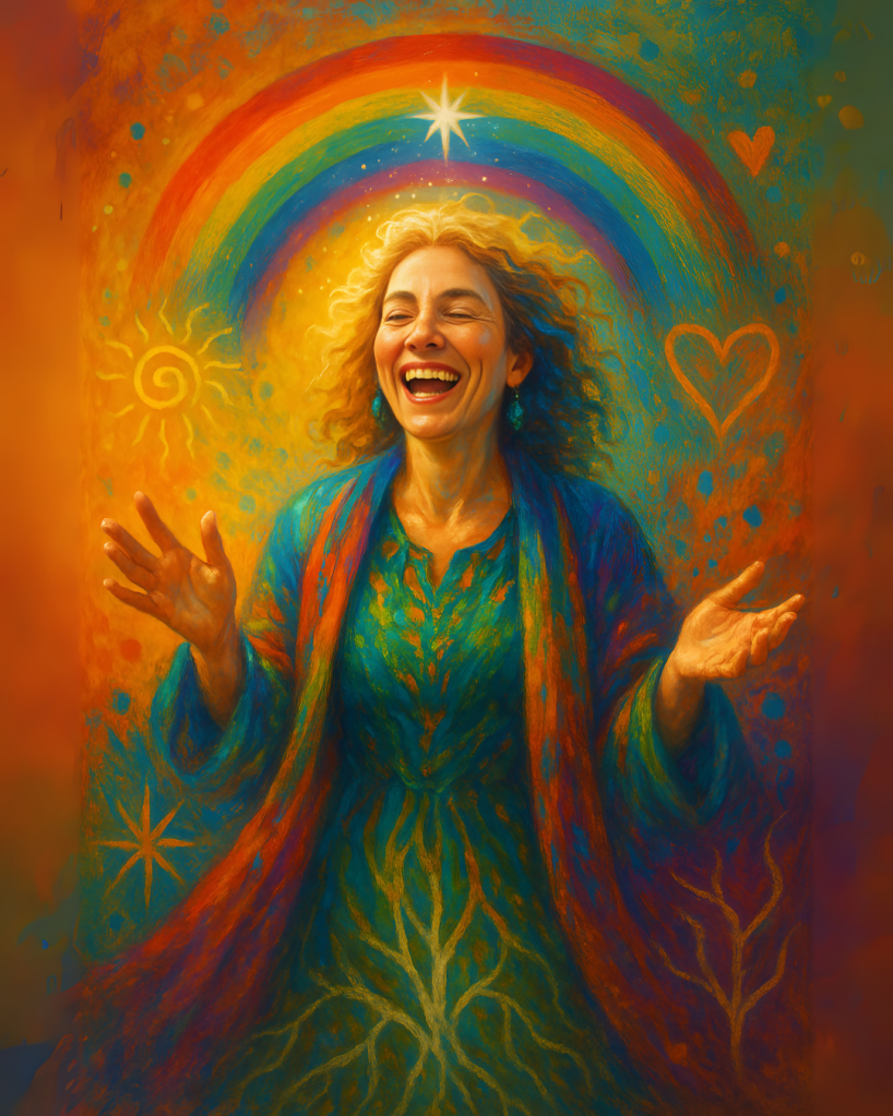 Imagem espiritual vibracional em estilo visionary art representando um líder consciente e integrado. Uma figura luminosa em pé, com braços abertos, emana ondas coloridas de energia em tons do arco-íris. Elementos sutis de conexão como raízes, estrelas, neurônios e corações emergem do corpo. Ao fundo, céu e terra se fundem simbolizando a união entre inteligência prática e sabedoria espiritual.