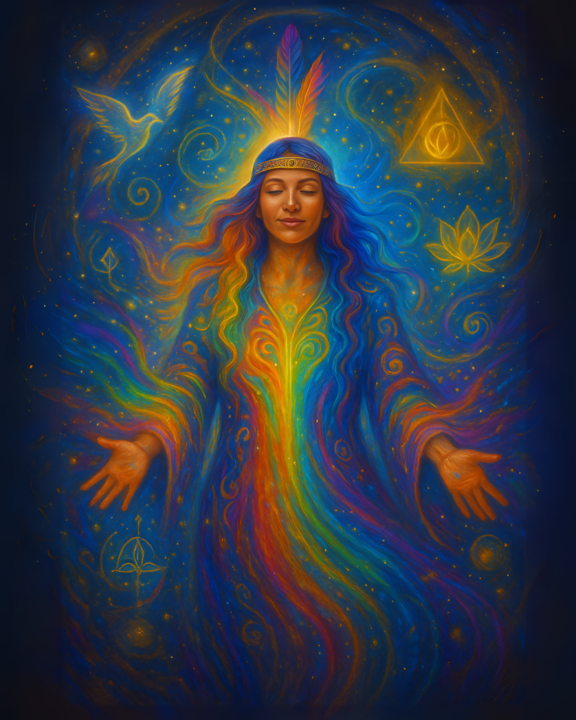 Ilustração espiritual em estilo visionary art, mostrando dois líderes contrastantes: um irradiando energia desalinhada e fragmentada, com símbolos confusos ao redor, e outro com o campo vibracional harmonioso e coerente. A imagem representa as barreiras invisíveis da liderança moderna e a importância da comunicação energética integrada.