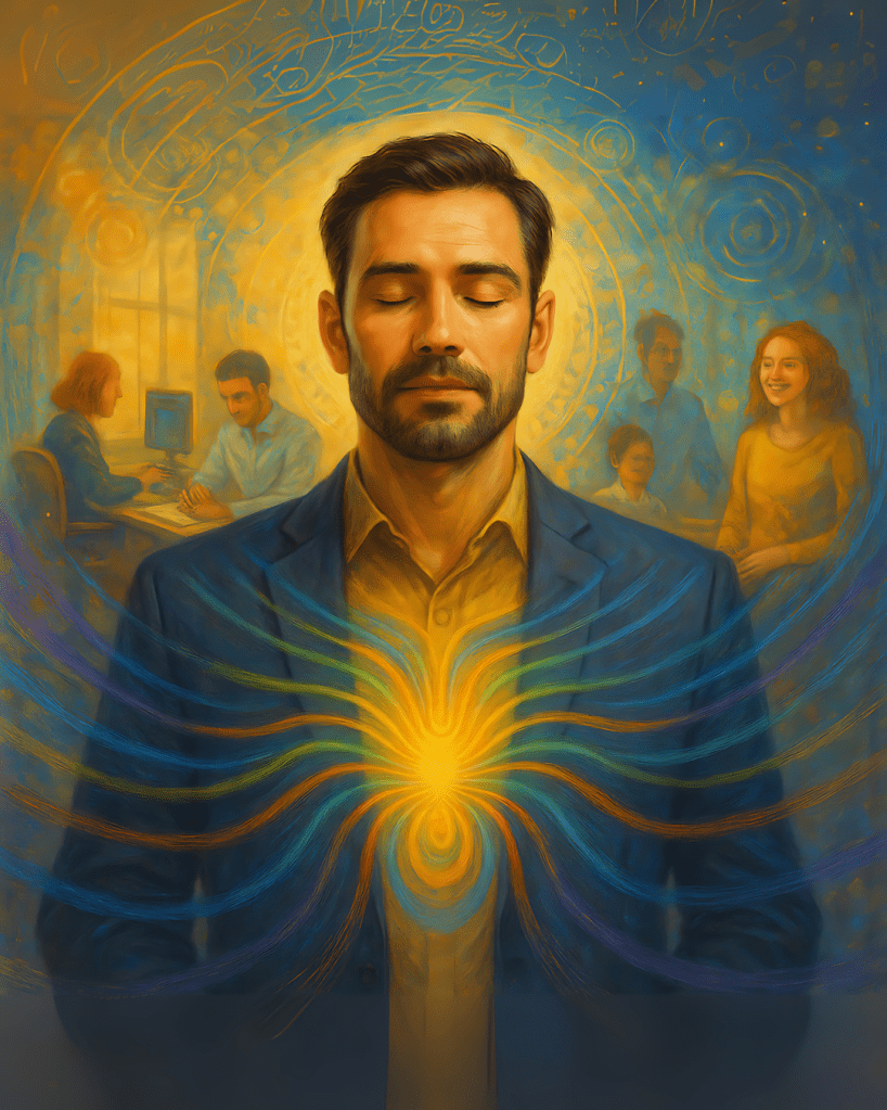 Ilustração digital semi-realista em estilo visionary art de um homem com os olhos fechados, em estado de presença e serenidade. Do seu peito, emana uma energia luminosa em tons dourados e coloridos que se conecta sutilmente com as pessoas ao fundo, representando uma liderança vibracional ativa, consciente e integrada no ambiente profissional e humano.