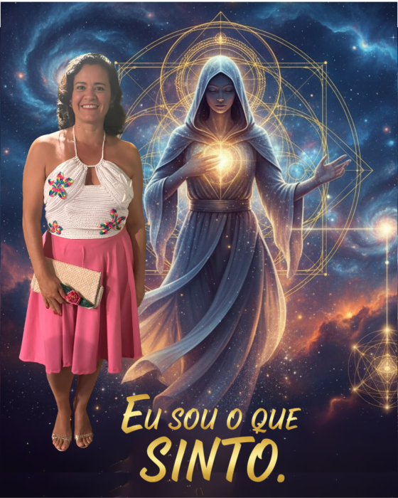 Karinne Bandeira diante de uma figura sagrada cósmica com luz no coração, representando a manifestação da Alma Desperta com a frase Eu sou o que sinto.