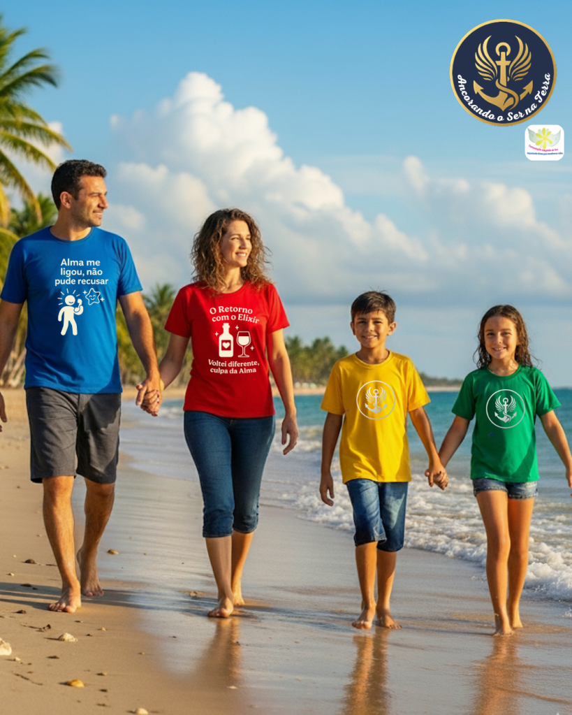 "Família caminhando na praia vestindo camisetas coloridas da coleção Ancorando o Ser na Terra. Estampas espirituais que simbolizam a frequência da Alma e convidam a ancorar o prazer de ser."
