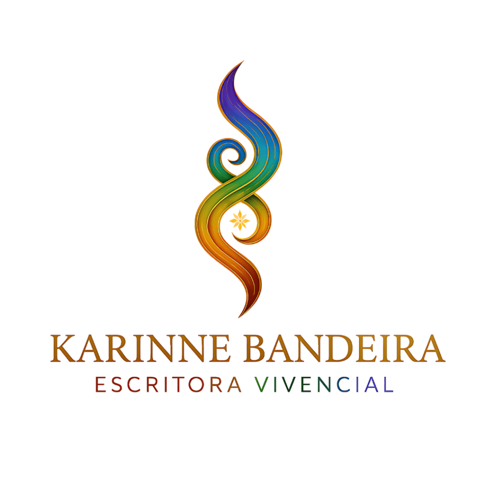 Logomarca de Karinne Bandeira Escritora Vivencial. O símbolo central é uma espiral dupla e fluida em tons de arco-íris, com o dourado predominante, representando a integração de céu e terra, corpo e alma. No ponto de encontro das espirais, há uma estrela dourada que irradia luz. Abaixo do símbolo, está escrito "KARINNE BANDEIRA" em uma fonte elegante e inspiradora, e "ESCRITORA VIVENCIAL" em uma fonte mais leve, com as letras em tons suaves do arco-íris.