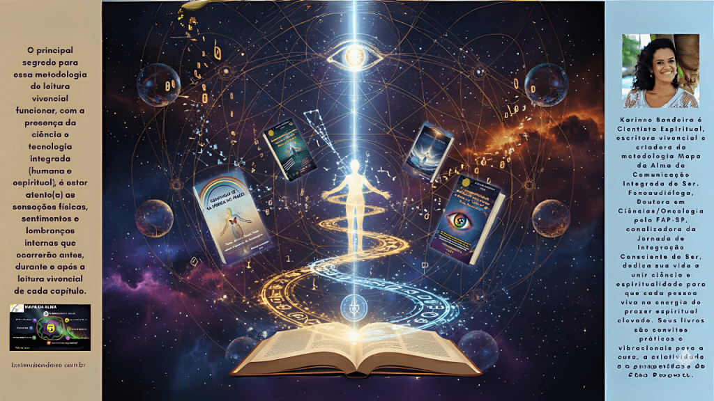 "Representação vibracional da metodologia Mapa da Alma, unindo ciência, espiritualidade e tecnologia espiritual. No centro, a figura humana em conexão com o cosmos, rodeada pelos livros de Karinne Bandeira, que ancoram a Jornada de Integração Consciente do Ser."