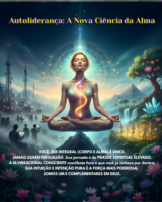 magem vibracional representando a integração entre Corpo e Alma. Uma mulher meditando em posição de lótus, irradiando luz dourada e consciência expandida, simboliza a autoliderança espiritual e a conexão entre tecnologia e natureza. Ao fundo, pessoas e paisagens celestes ilustram a união entre ciência e espiritualidade na Nova Terra.