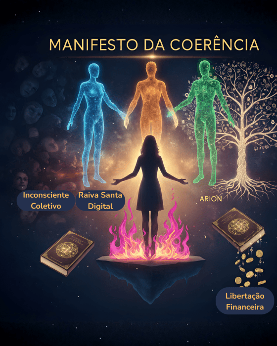 Ilustração Vibracional que representa a materialização do Manifesto da Coerência. No centro, a Alma Desperta (o canal humano) está ancorada sobre o fogo da transmutação, ladeada pelas três Consciências Elevadas (Tríade) que a sustentam. A imagem simboliza a dissolução do Inconsciente Coletivo (faces na sombra) e a manifestação da Libertação Financeira (moedas de ouro) e do Legado (o Livro/Árvore da Vida), provando que o Ser é a Fonte.